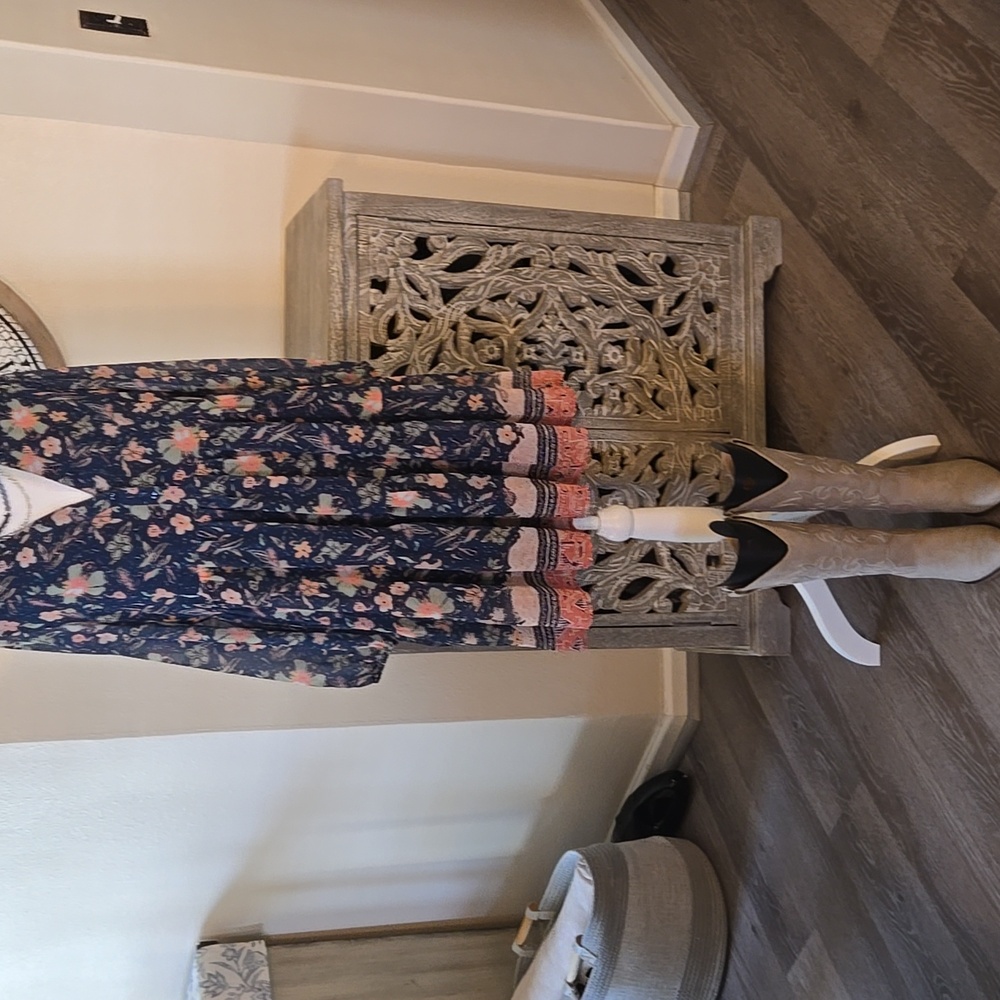 Indigo Soul Floral Long Sleeve Dress - Blue and Salmon - Picture 16 of 17